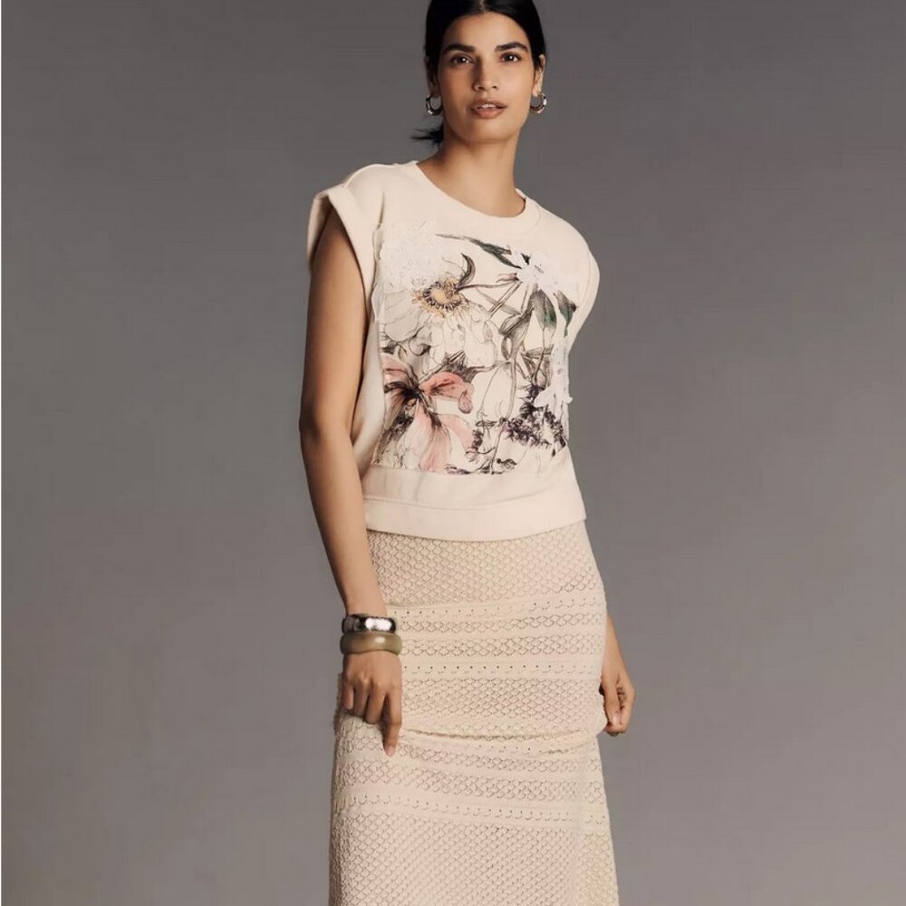 Anthropologie Floral Appliqué Muscle Tank Cropped Boxy Feminine Top NWT XS